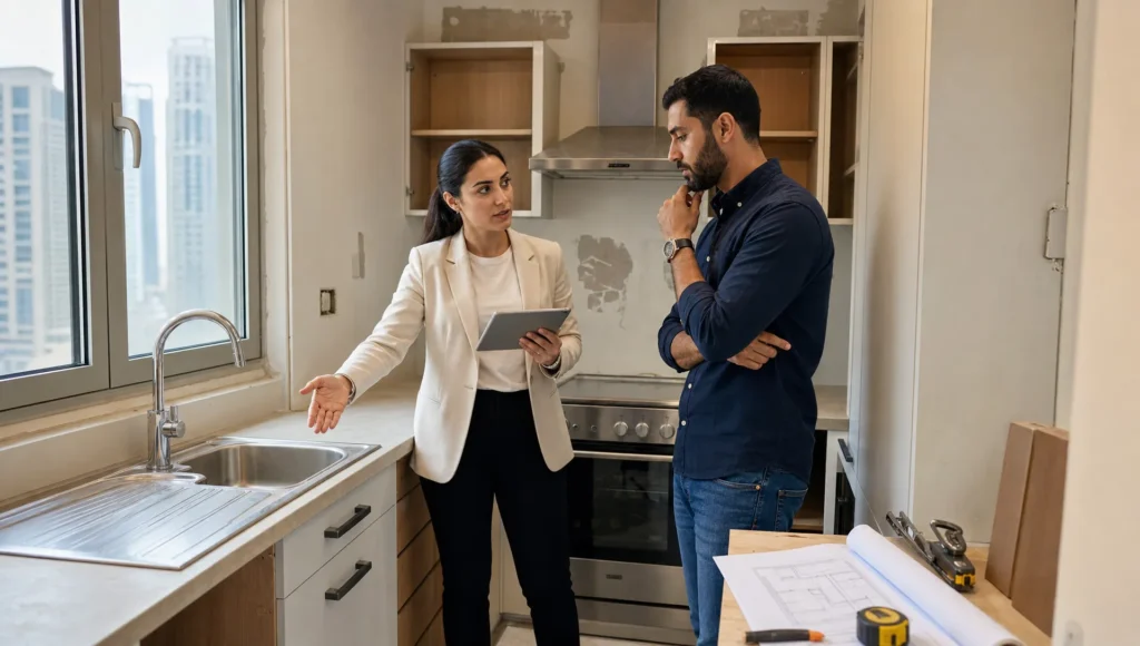 Two adults review cabinet placement and appliance clearances inside a small Dubai kitchen renovation.