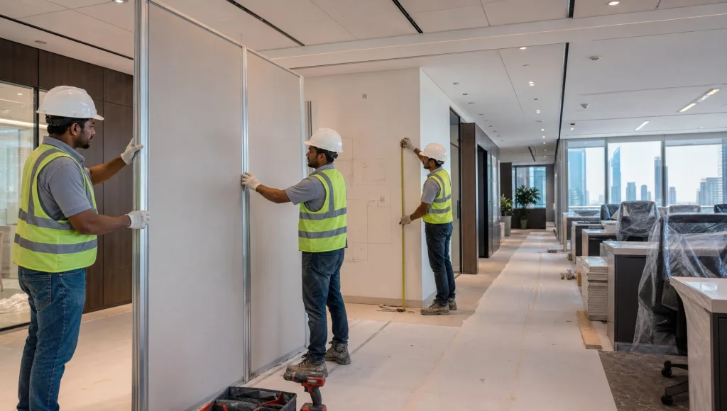 Workers install temporary partitions during an office renovation, with protected desks and staged materials around them.