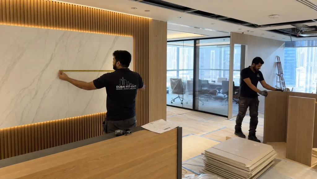 Workers measure and fit reception joinery during an office renovation in Dubai.